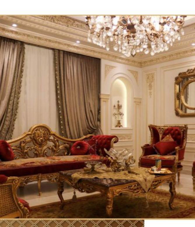 ornate reception salon with chandelier and red velvet seating