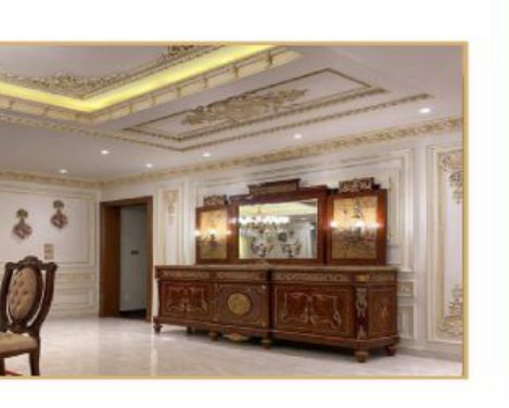 carved credenza in a marble hall