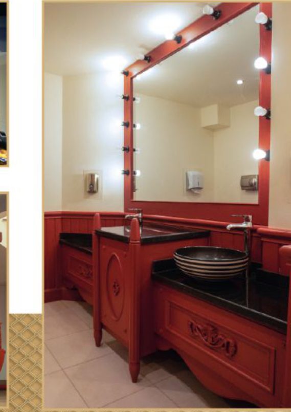 red lacquered vanity with theatrical bulb mirror