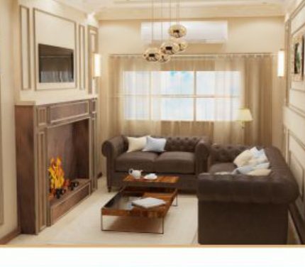 warm living room with fireplace and arched bookcase