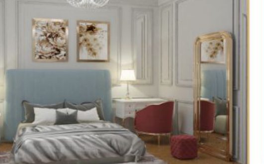 blue-tone bedroom with framed art