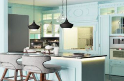 teal kitchen with island and pendant lights