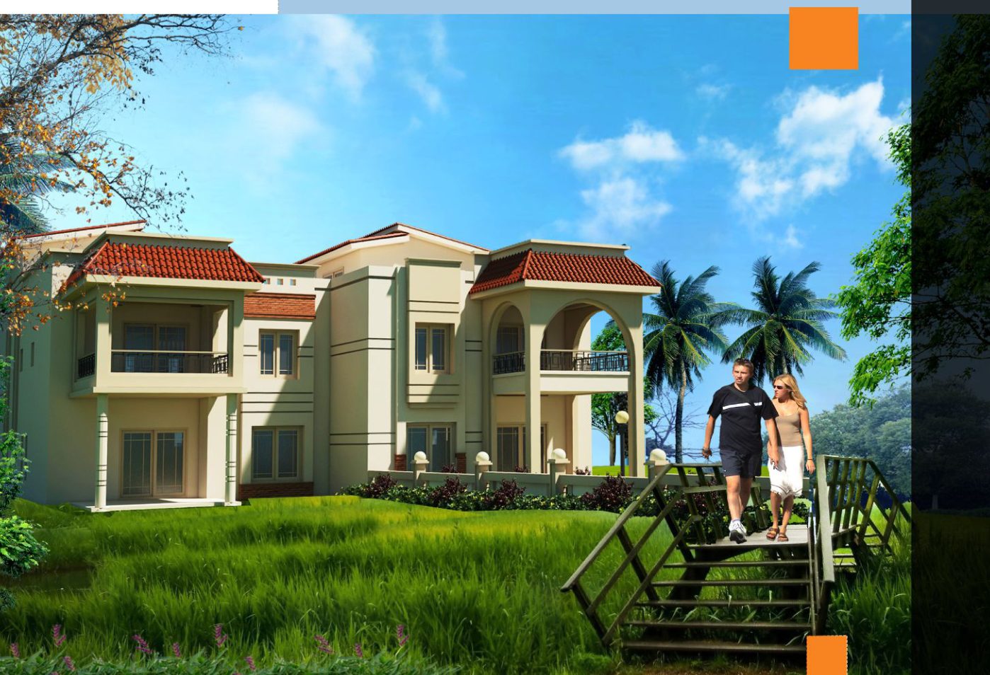 twin villas exterior with garden footbridge and palms