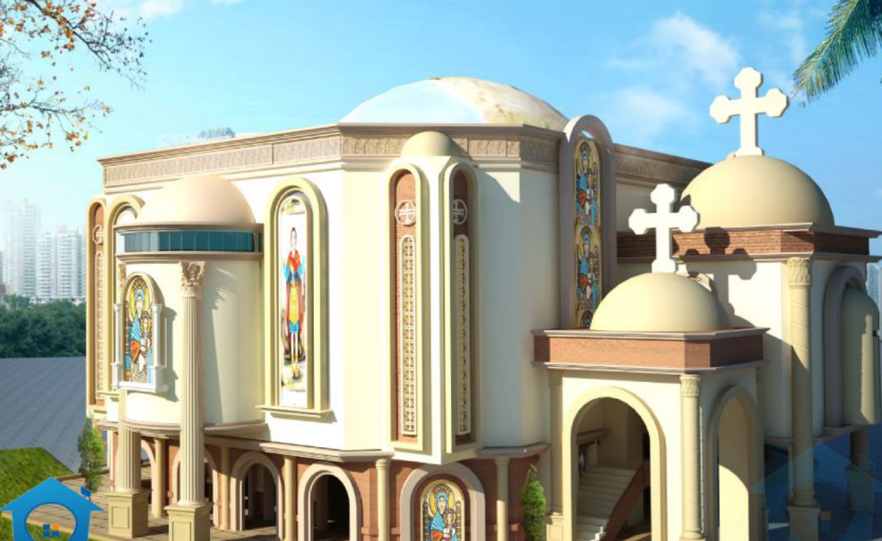 Pope Kirilos Church dusk render of domed sanctuary