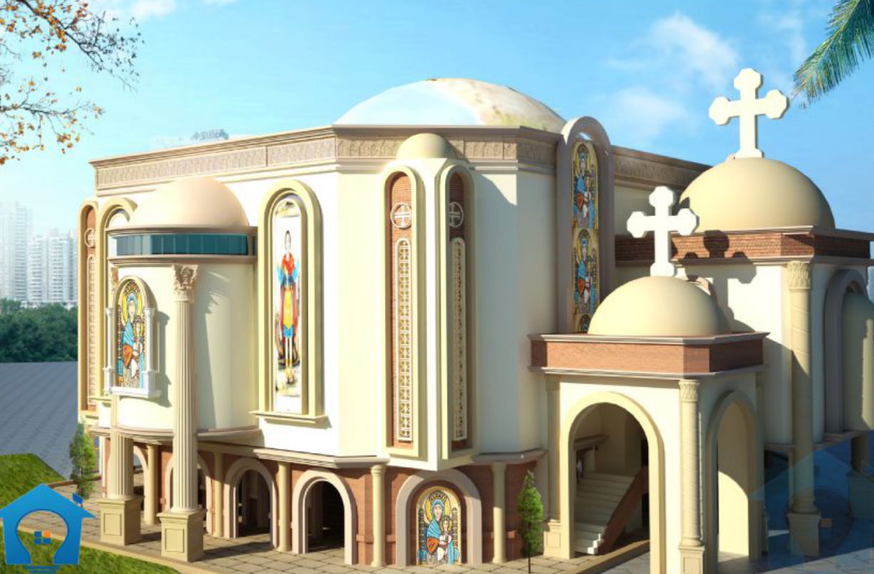 three-quarter exterior rendering with domes and arcades