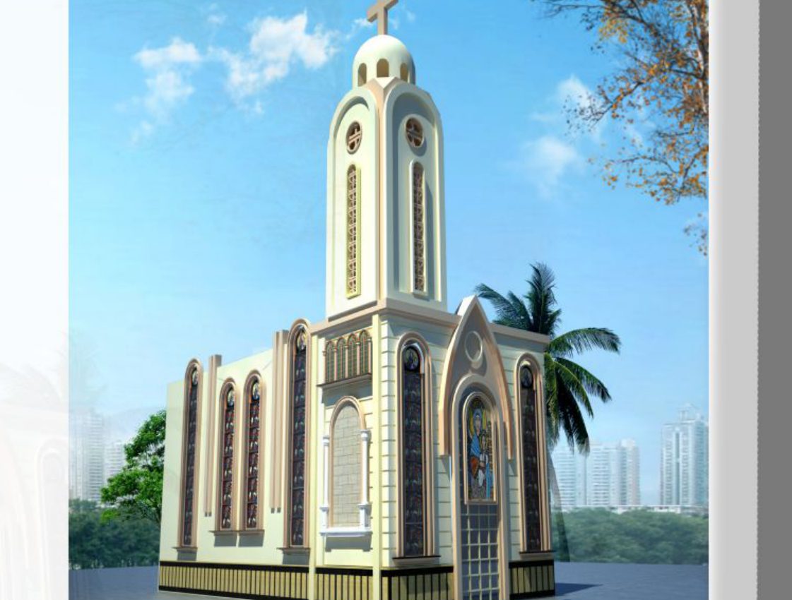 exterior rendering of church with bell tower and palms