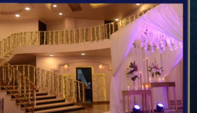 ballroom interior with floral installations