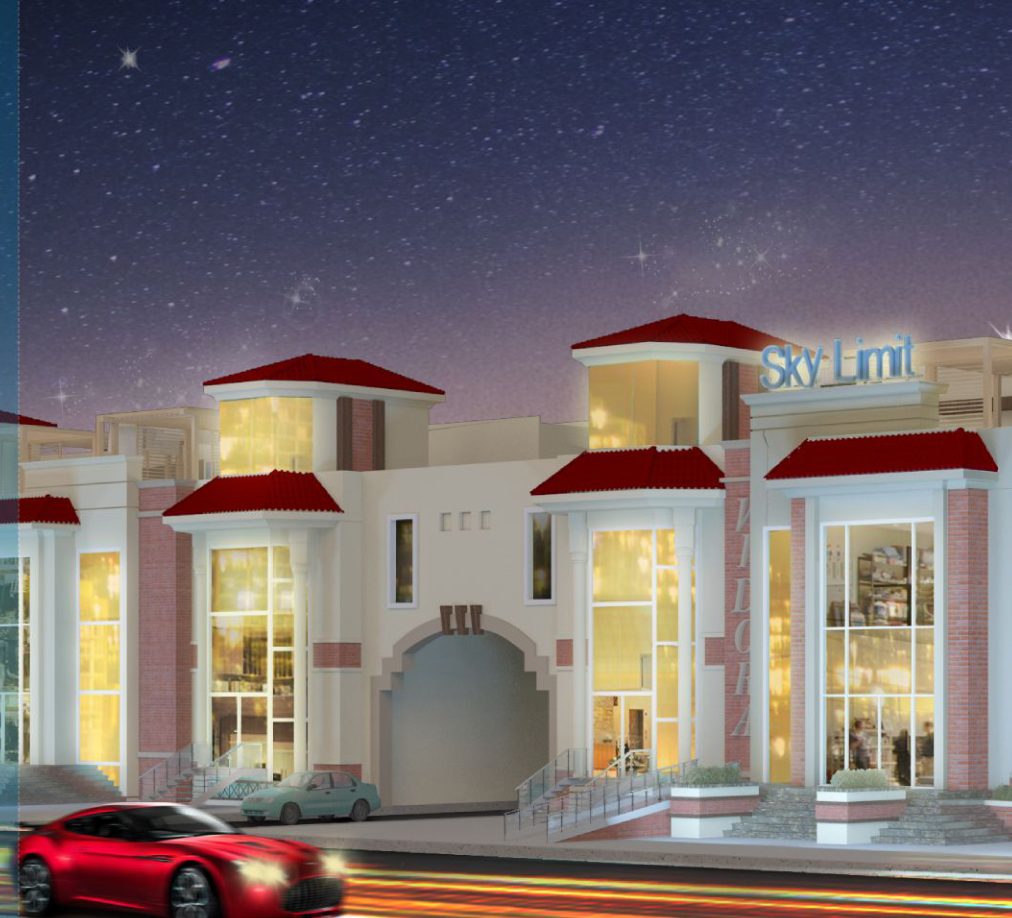 dusk night render with red car and arched commercial facade
