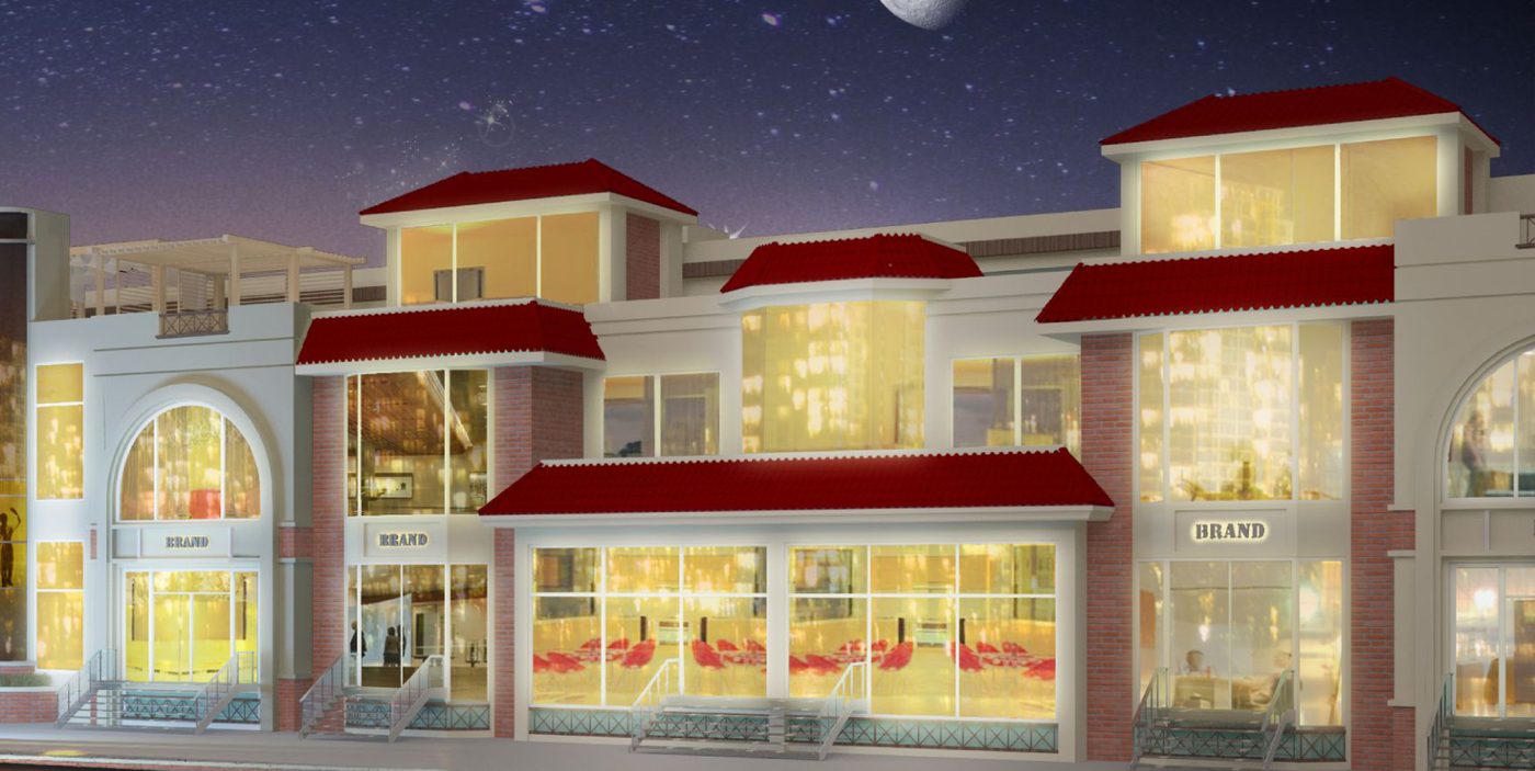 Vidorra Commercial Centre — night exterior render with illuminated storefronts and red-tile roofs