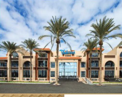 daytime exterior with palms and arched facade