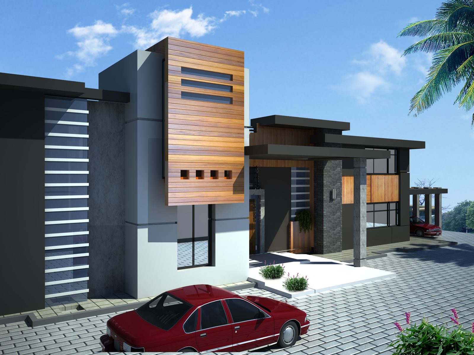 Villa Emad Rizk timber-clad street elevation at dusk