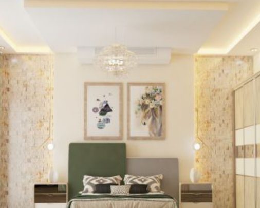 green-tone master bedroom with marble accent wall