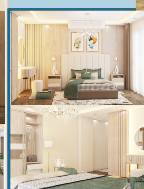 sage-and-cream bedroom with slatted headboard