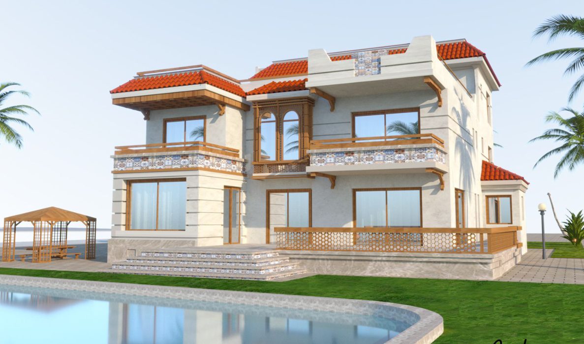 rear elevation render with pool and pergola