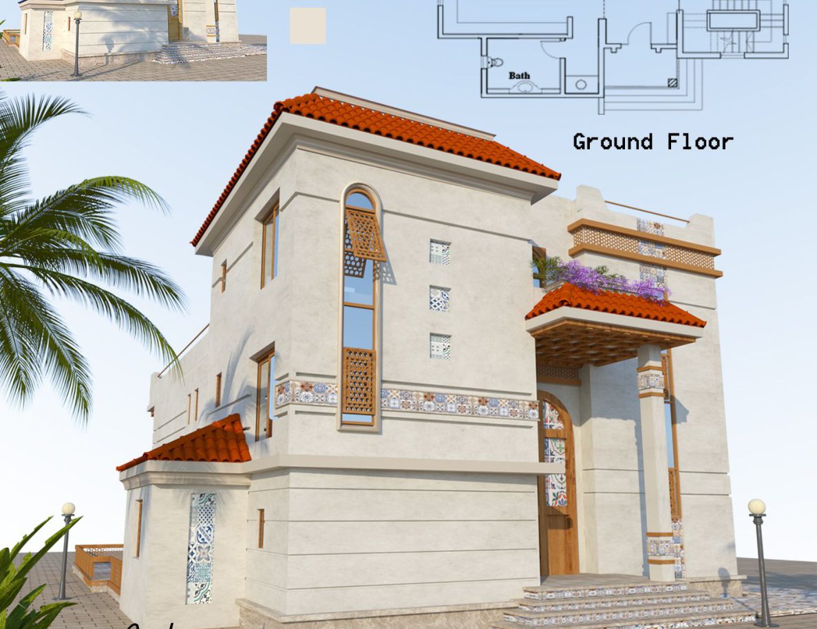 front exterior render with tiled roof and arched entry