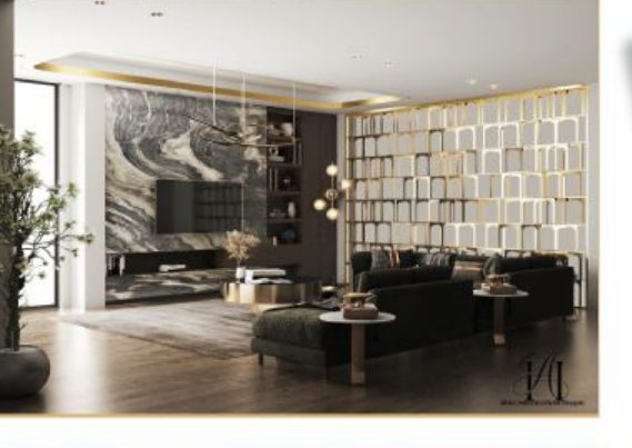 industrial dining area with brick mosaic wall