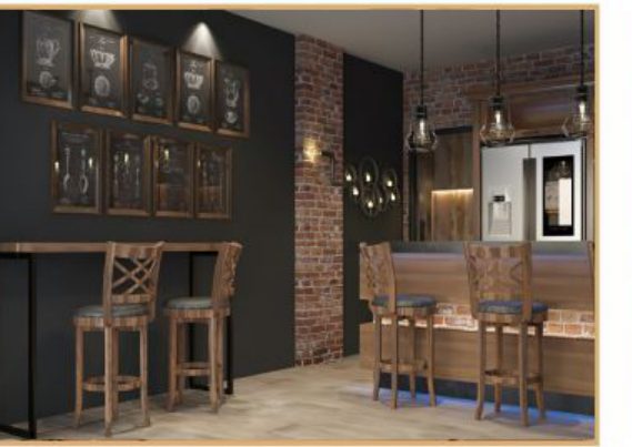 home bar with timber stools and dark cabinetry