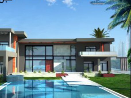 villa under construction with pool, daytime